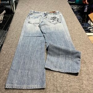 Fusai Mens Baggy Bootcut Jeans Light Wash Embroidered Lion Y2K Skater 29x30